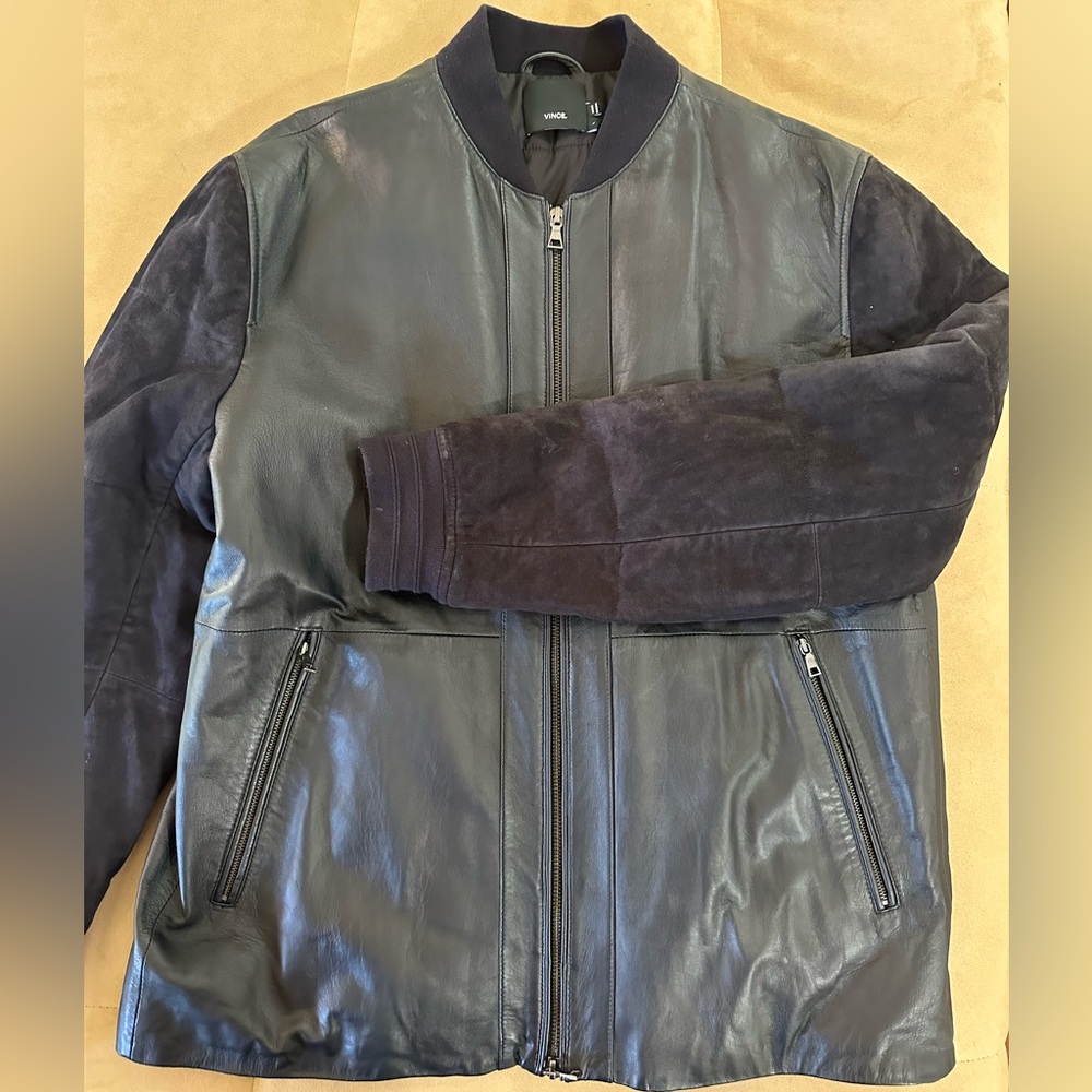 Vince Dark Leather and Suede Bomber Jacket